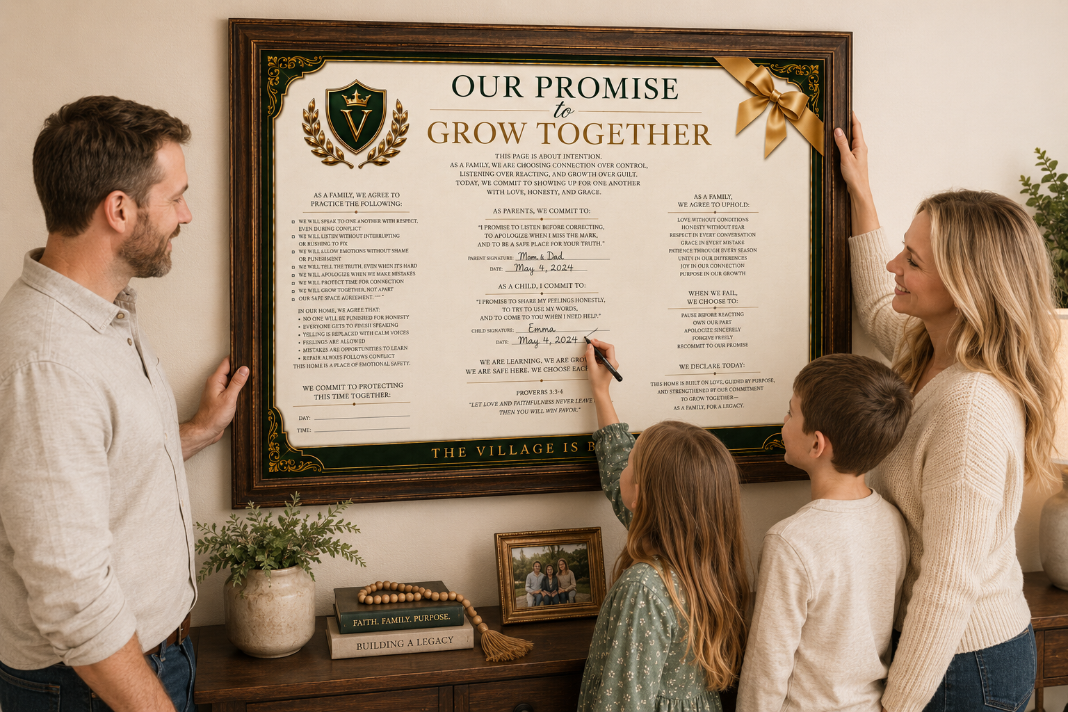 A family hanging the Our Promise to Grow Together poster while their daughter signs it