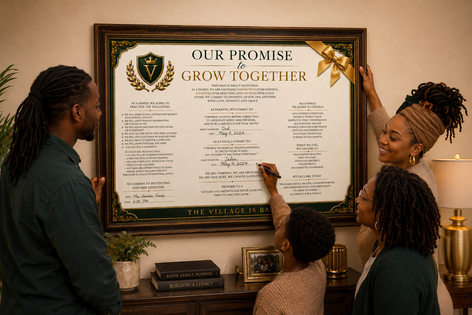 Parents and children signing the Our Promise to Grow Together poster on their wall